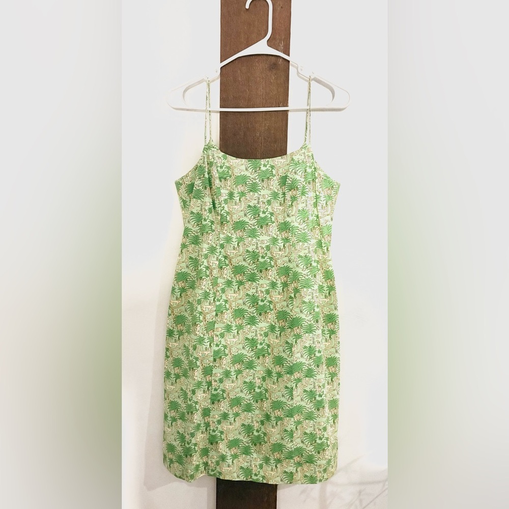 TIBI HYLAND Green Tropical Print Monkey Sheath Spaghetti Dress Size 10.